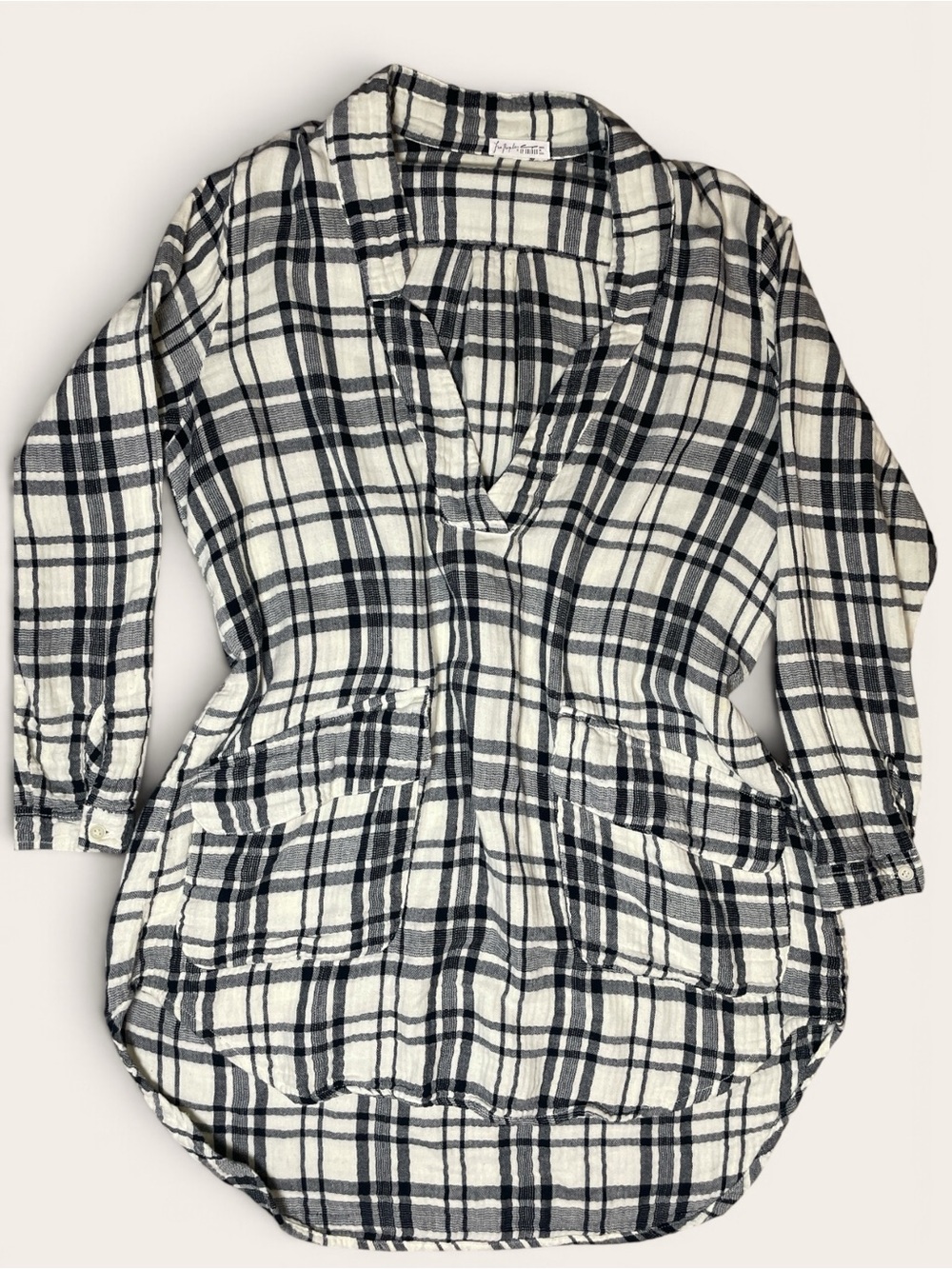 Free People Oversized Cotton Black Cream Plaid Cotton V Neck Tunic USA